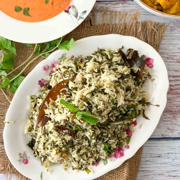 https://www.pontalo.net - Sarson Saag Pulao Recipe-Spinach Mustard Greens Pulao