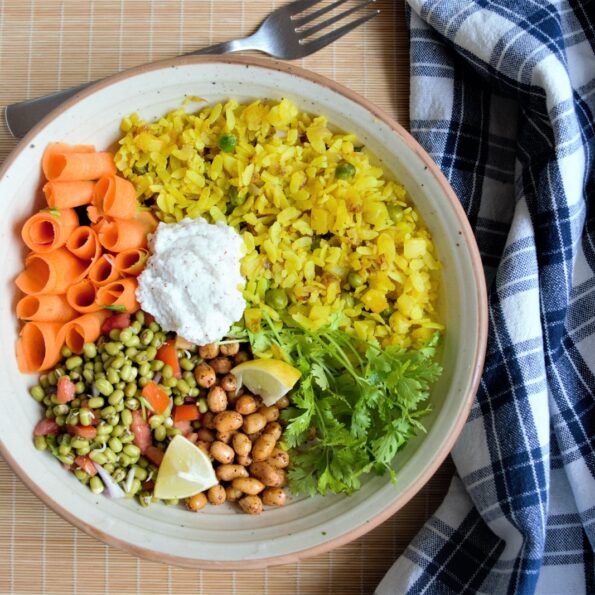 https://www.pontalo.net - Poha Breakfast Bowl Recipe With Sprouts & Crunchy Peanuts