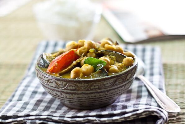 https://www.pontalo.net - Roasted Eggplant And Chickpea Curry Flavored With Curry Leaves And Mustard Seeds