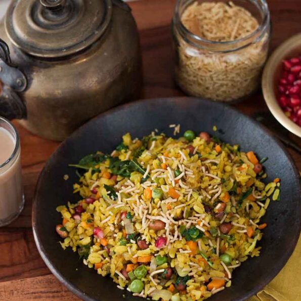 https://www.pontalo.net - Spicy and Tangy Mixed Vegetable Poha Recipe With Peanuts